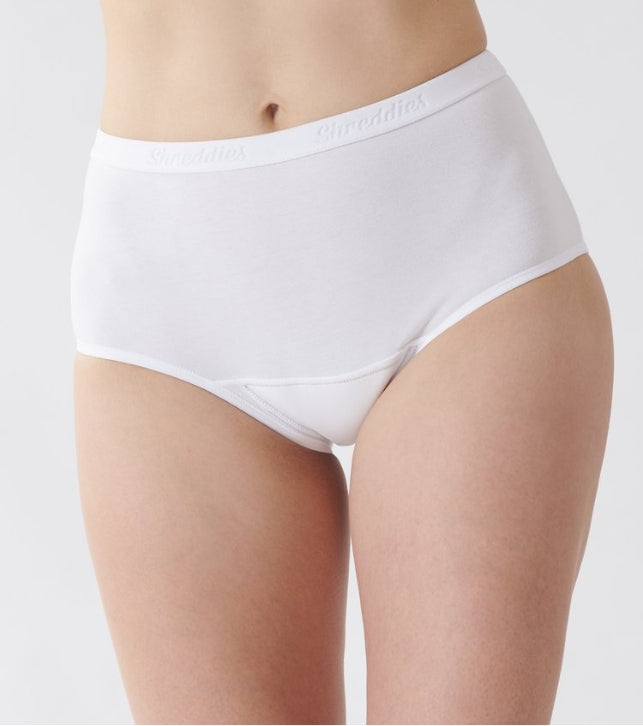 The ladies hi-waist brief fits higher on the waist, above the hips, and lower on the leg than our regular brief. This classic look gives added comfort and confidence a woman needs while still maintaining the flatulence filtering characteristics of Shreddies.